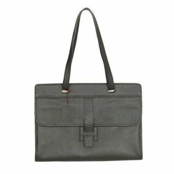 Best Hermes Large Leather H Handbag Black 6058